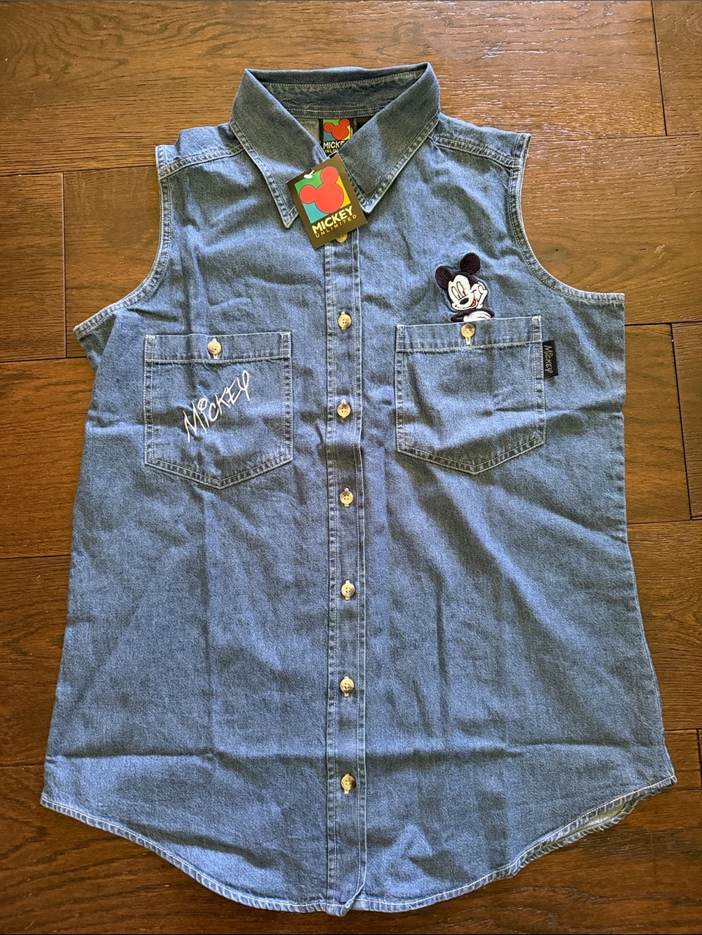 Vintage Denim Mickey Mouse Sleeveless Button-Front Women’s Top - Blue